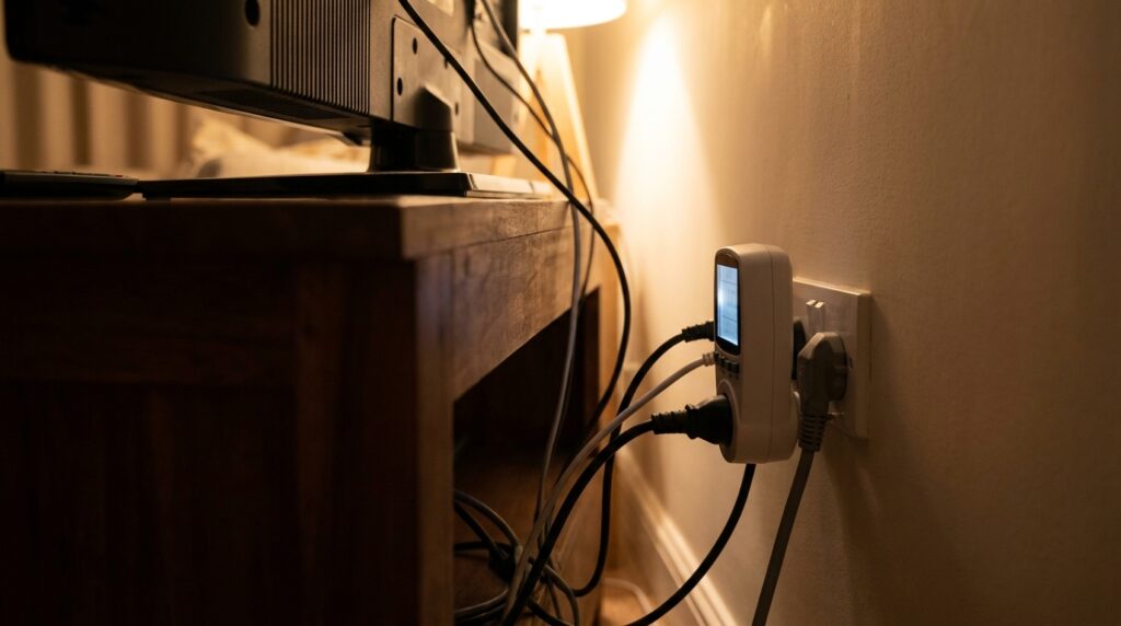 Energiekosten-Messgerät zwischen Steckdose und Fernseher im Wohnzimmer
